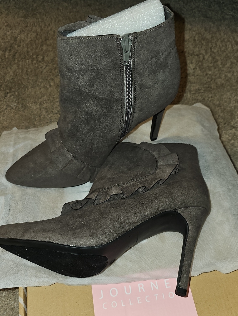 Journee Collection Gray Suede Pointed-Toe Ruffle Ankle Booties